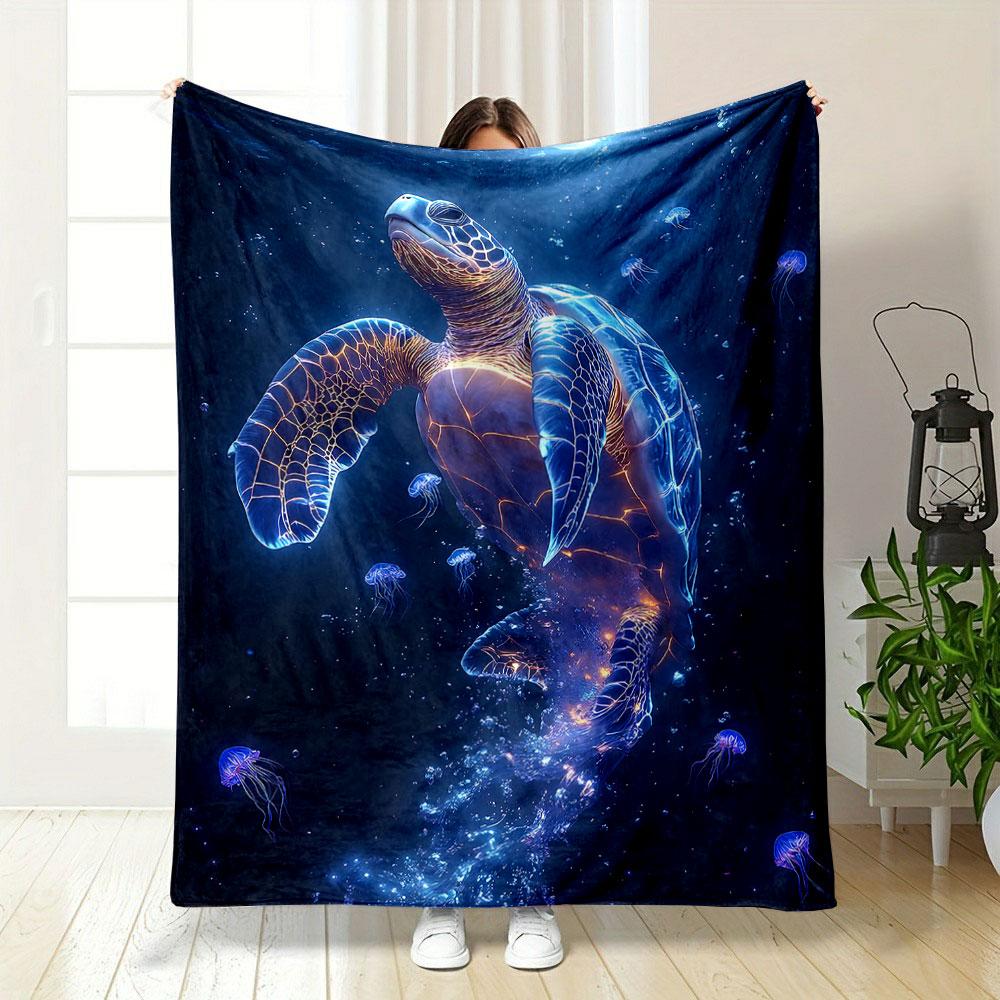 Glowing Sea Turtle with Jellyfish Ocean Scene Patterned Blanket, Flannel, Suitable for All Seasons, Home Decor, Warm and Cozy
