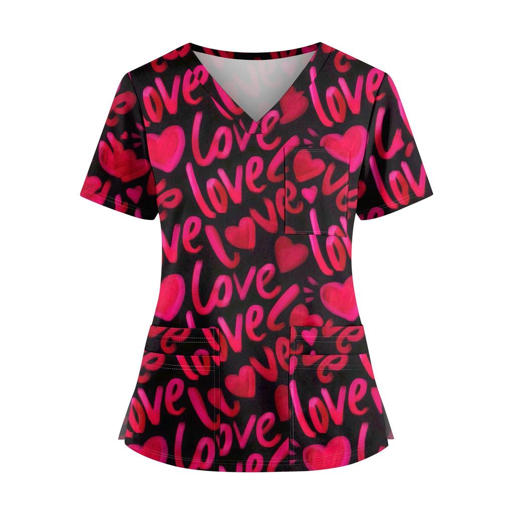 Plus SizePrinted Scrub Working Uniform Tops For Women's Cross V-Neck Halloween Print Short Sleeve Fun T-Shirts Workwear Tee With Pockets