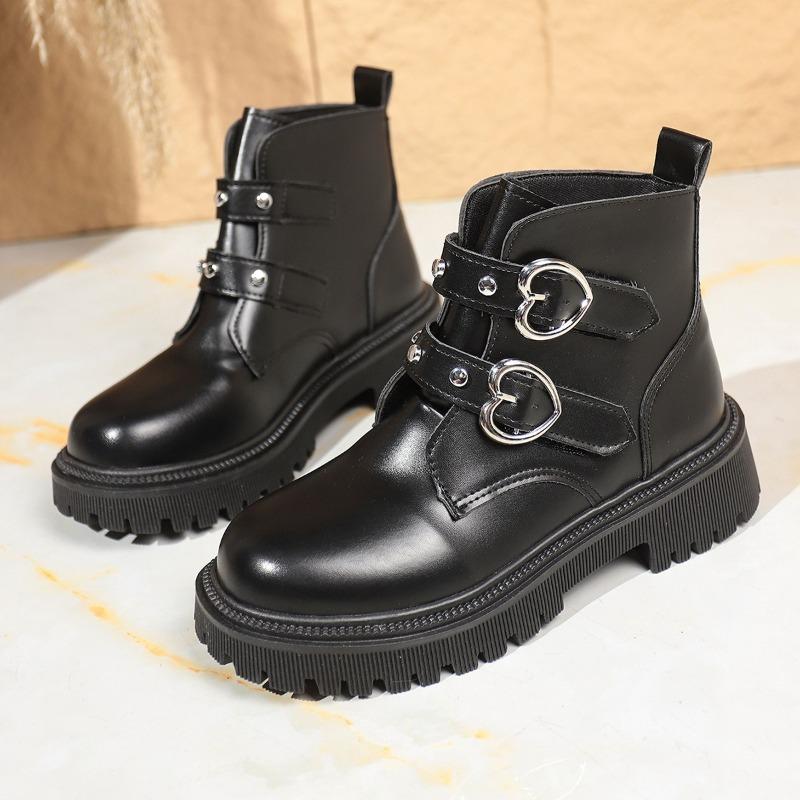 Fashion Platform Single Boots Autumn New Round Toe Metal Belt Buckle Soft Sole Anti-Slip Wear-Resistant Block Heel Booties