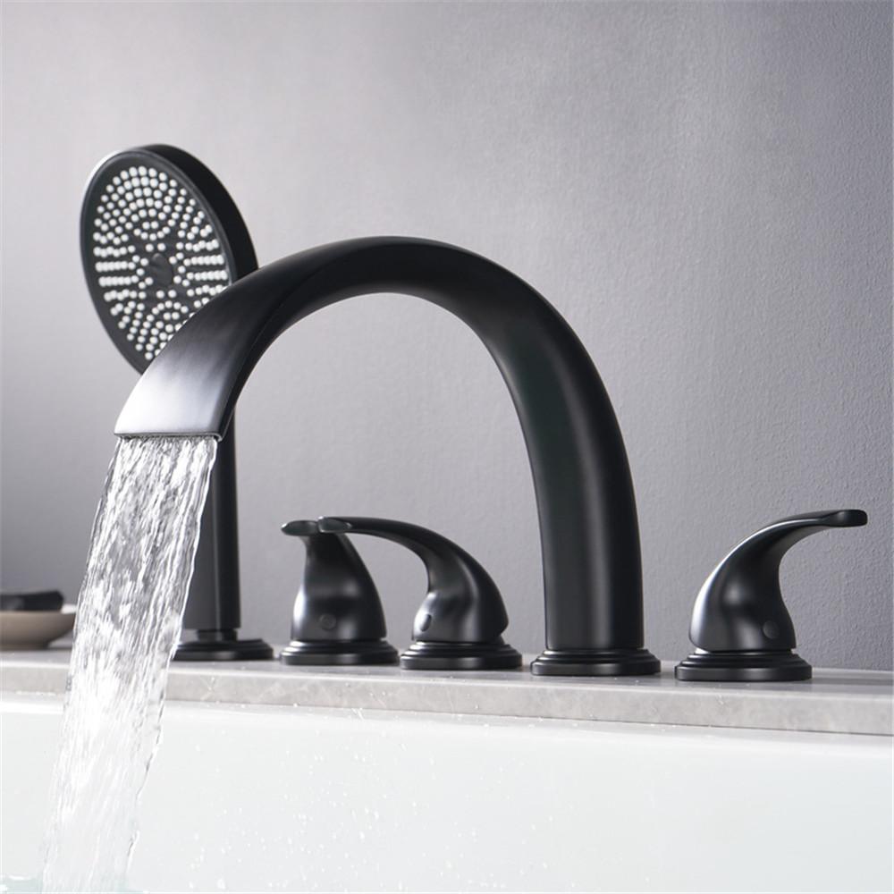 Rose Gold Bathtub Faucet Set Widespread Tub Sink Mixer Tap Brass Brushed Gold Bathroom Bath Shower Faucet with Hand shower Head