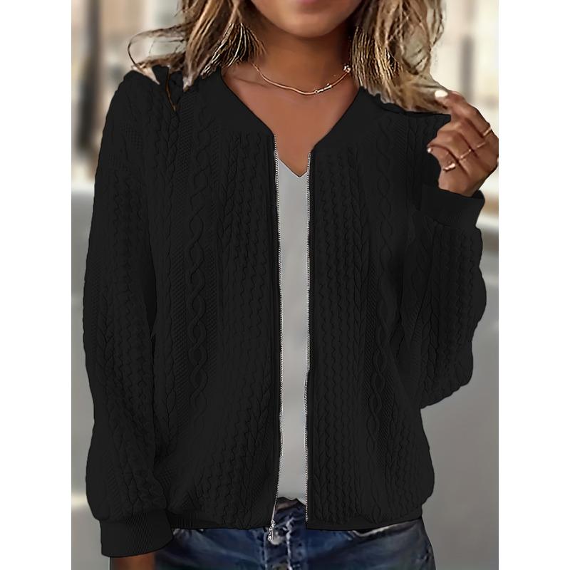 Strukturierte Bomberjacke mit Reißverschluss, lässige, einfarbige Oberbekleidung mit langen Ärmeln, Damenbekleidung