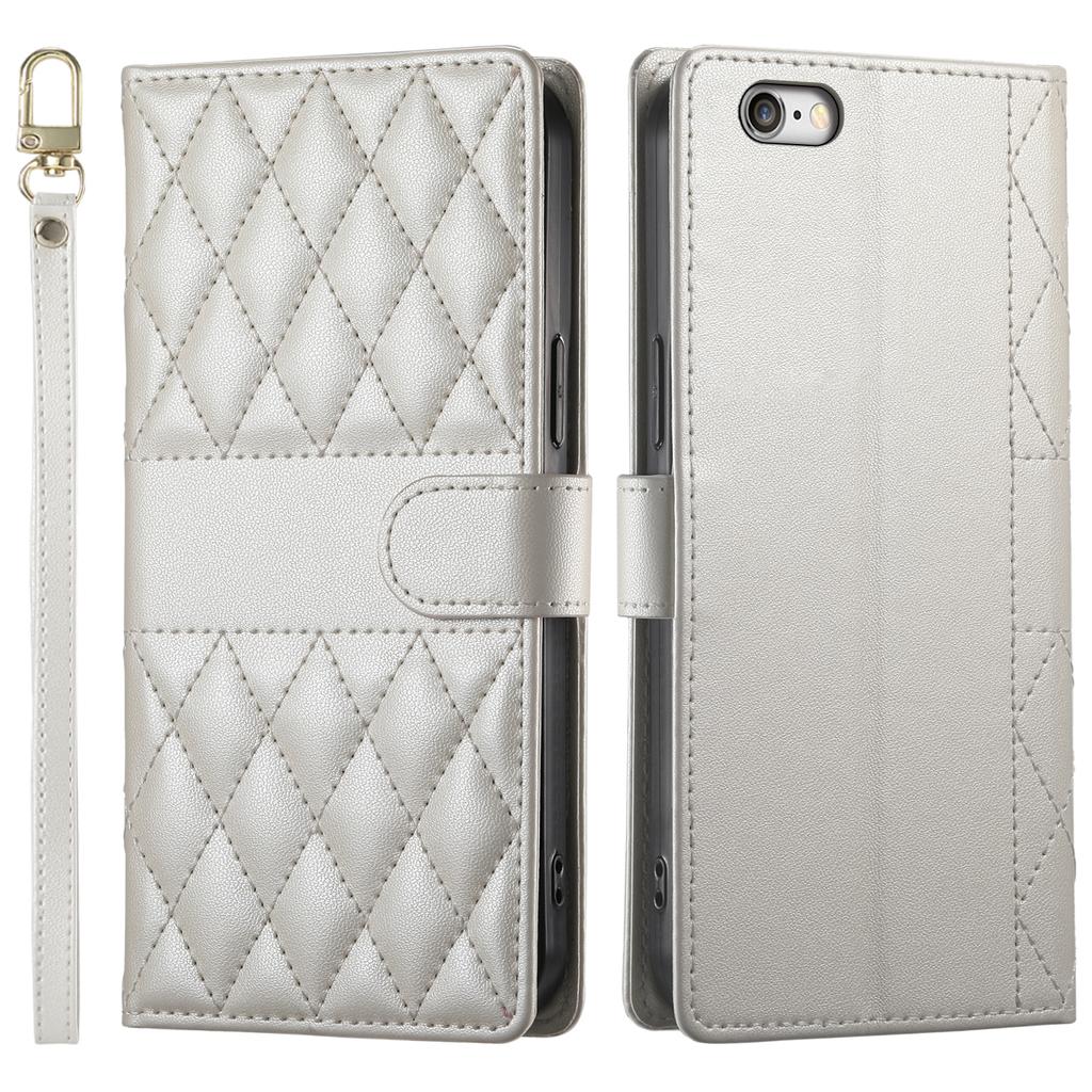 For iPhone 16e Case Rhombus Stitching Wallet Stand Leather Phone Cover with Long/Short Strap