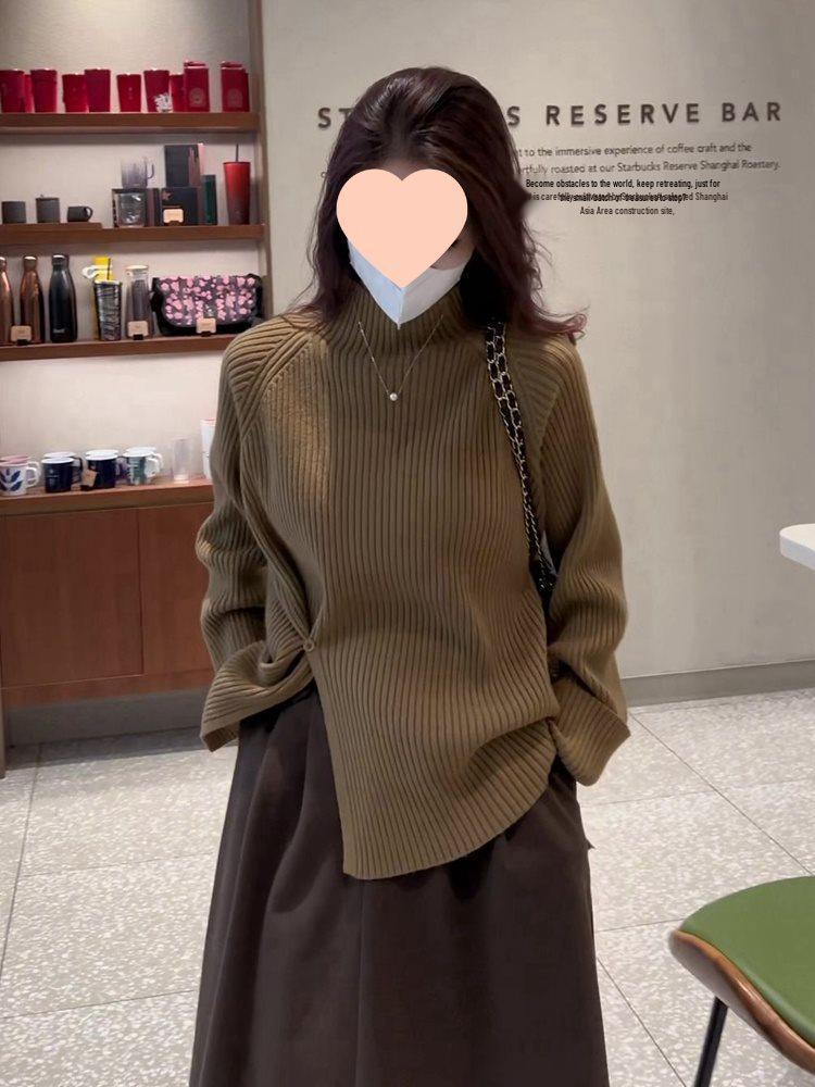 Women's Purple Ribbed Knit Semi-High Neck Sweater with Hem Side Slit - Slimming Spring/Summer Fashion Top