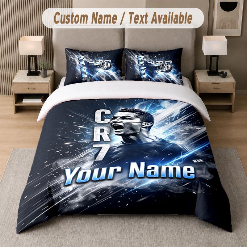 Set Biancheria da Letto Personalizzato Modello Cristiano Ronaldo, Stampa Nome Testo 1 Copripiumino più 2 Federe Tessile per la Casa
