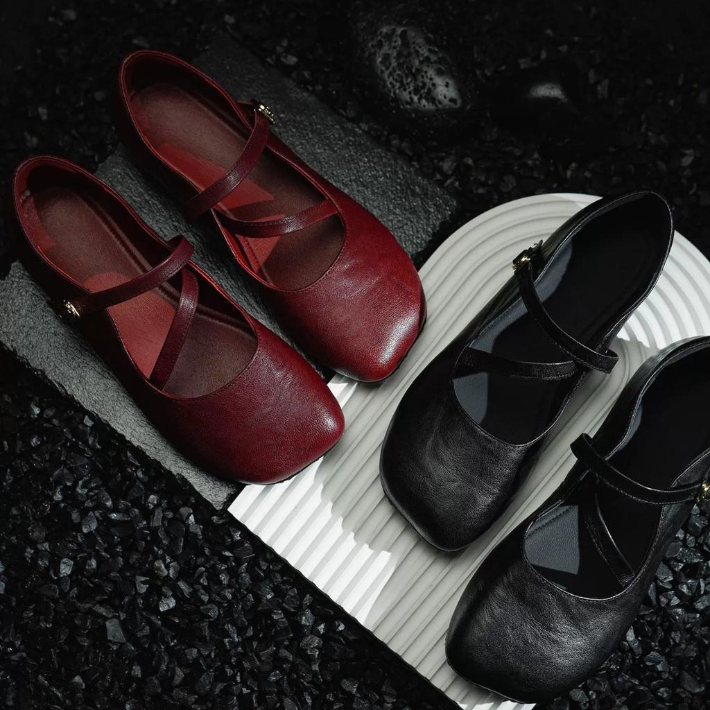 French retro burgundy comfortable flat Mary Jane shoes women's soft leather soft sole one-word buckle with small square head beanie shoes