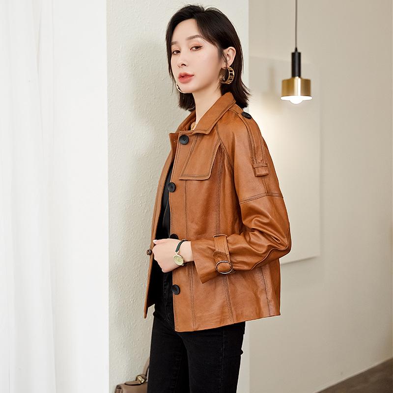Women's Genuine Leather Waist-Cinching Motorcycle Jacket - Spring/Autumn 2026 European American Style