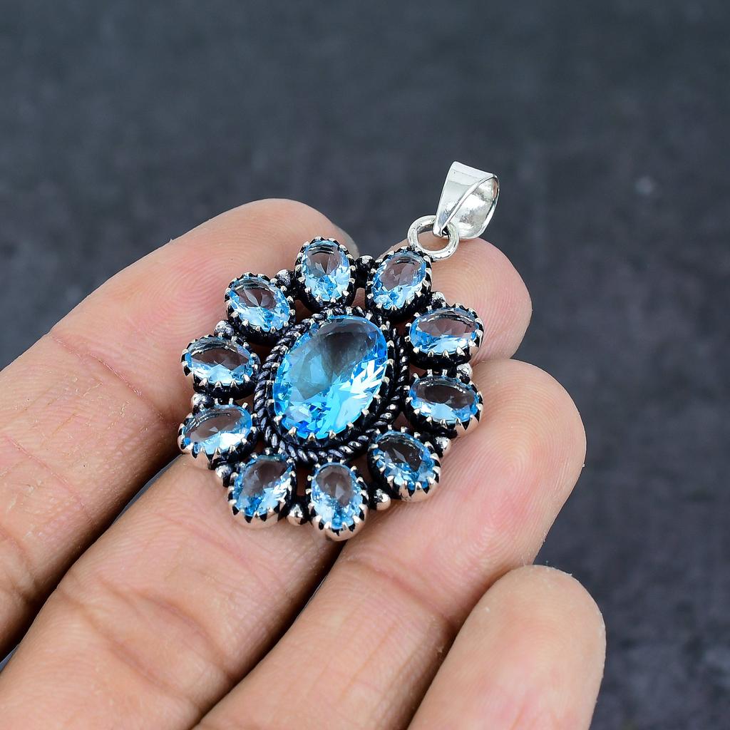 Natural Swiss Blue Topaz Gemstone 925 Sterling Silver Jewelry Pendant 2.05" B6g39