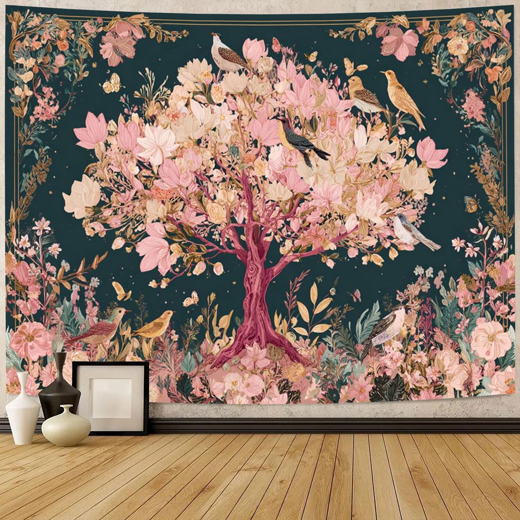 Tapestry Wall Hanging with Birds Perched Among Blossoming Trees, Polyester Holiday Decoration, Suitable for Living Room, Bedroom, Office, Home Decor,