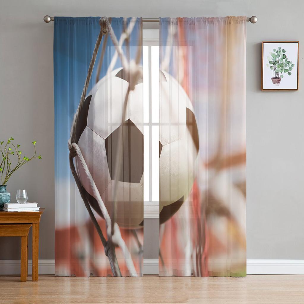 Light Filtering Soccer Football Net Sketch Curtain Living Room Decoration Tulle Window Bedroom Voile Organza Drapes Modern Polyester Washable Ready