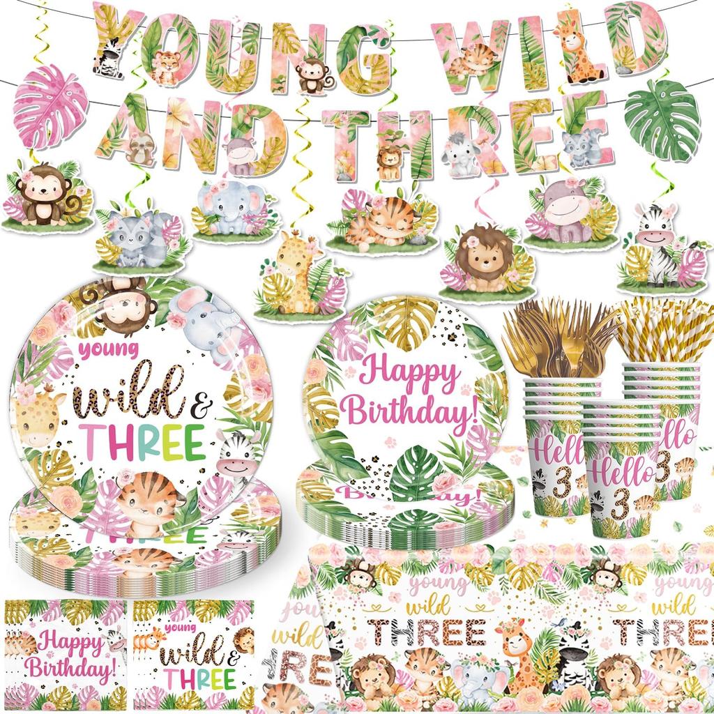 138pcs Young Wild and Three Party Decorations Plate, Safari Wild and Three Party Decorations Plate Napkins Tablecloth Banner for Jungle Young Wild