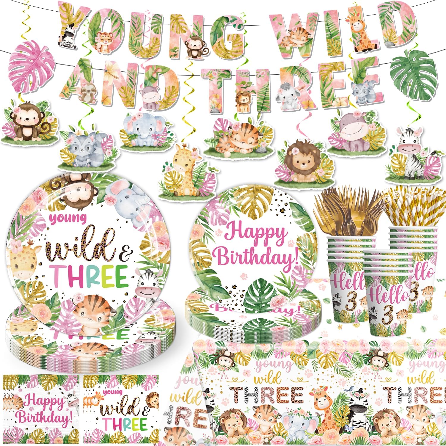 138pcs Young Wild and Three Party Decorations Plate, Safari Wild and Three Party Decorations Plate Napkins Tablecloth Banner for Jungle Young Wild