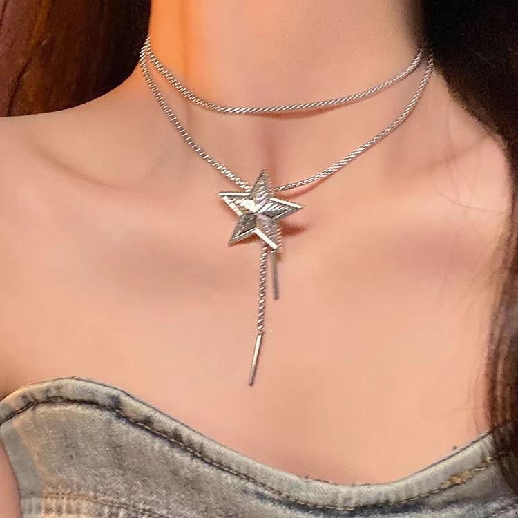 Mangxing Double-layer Necklace Trendy Light Luxury Niche Design Sense Hip-hop Style Couple Collarbone Chain Wind Octagram