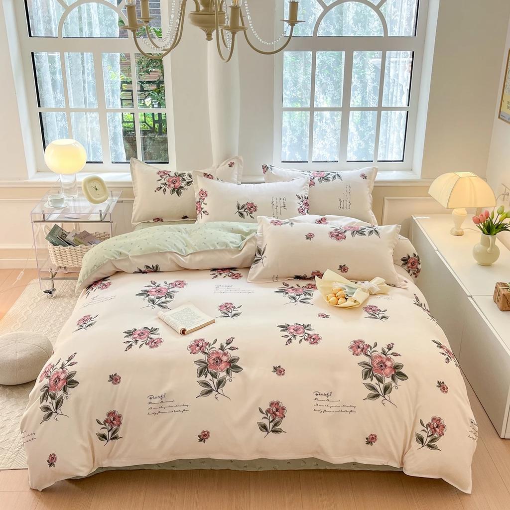 small fresh pure cotton abraded four-piece set, skin-friendly bed sheet washed cotton quilt cover, dormitory three-piece set