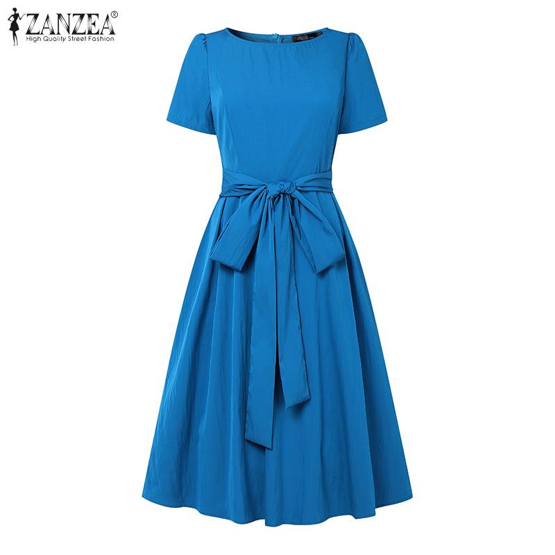 ZANZEA Elegant Casual Round Neck Bows Patchwork Summer Short Sleeve Dress