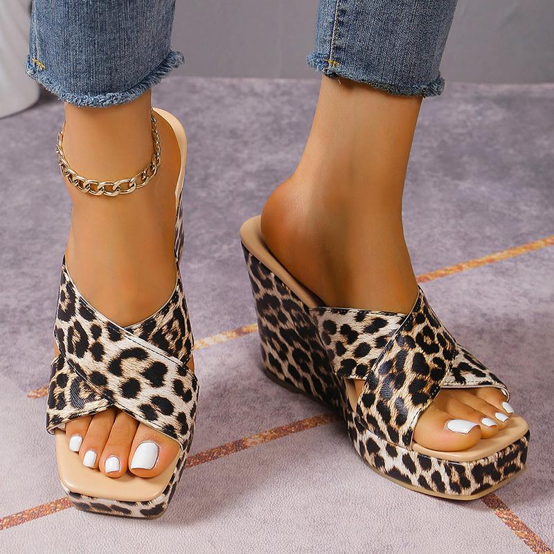 Lucyever Sexy Leopard Klínkové Vysoké Podpatky Sandály Dámské Letní Čtvercová Špička Platforma Pantofle Dámská Móda Silná Podrážka Nazouvací Boty