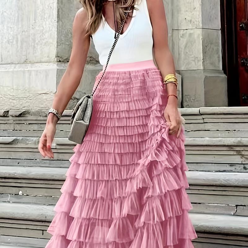 Elegant Boho High Waist Skirt for Women - Durable, Comfortable Fit with Chic Mesh Layer & Contrast Lace, Perfect for Spring/summer