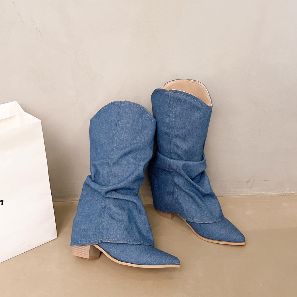 Wasteland shoes women's retro babes pleated cowboy boots thick heel pointed pile boots wide tube long boots women