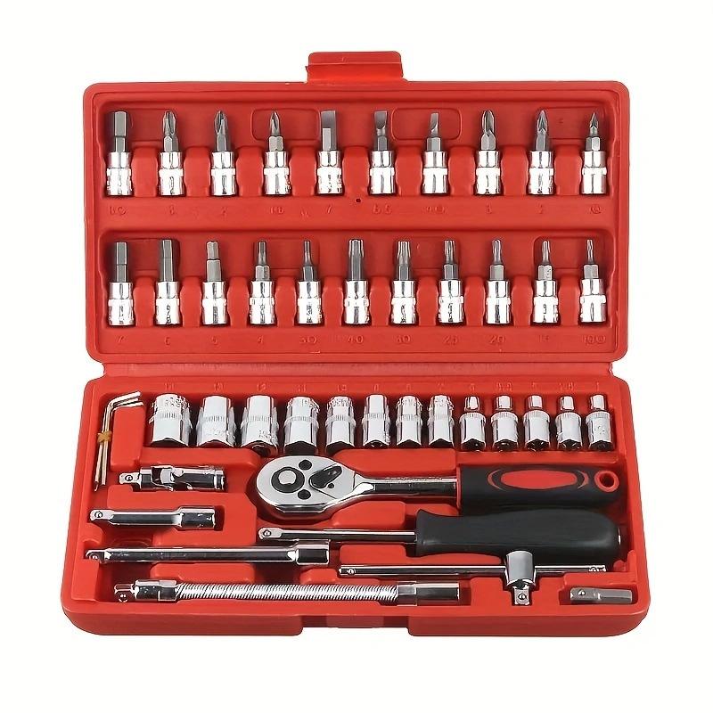 

FOCSE-Drive Socket Ratchet Wrench Set with Bit, Metric and Extension Bar for Auto Repairing, 46 PCs, 1/4 in красный