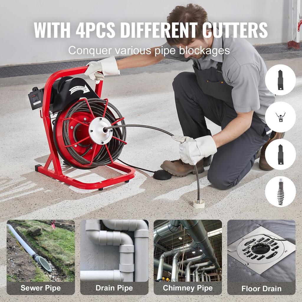 Drain Cleaner Machine Drain Auger 50FT x 3/8 Inch Manual Feed & 4 Cutters