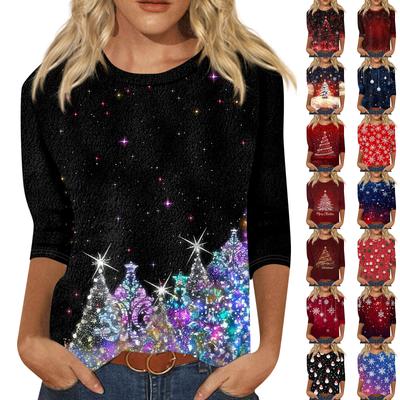 Dámsky módny ležérny vianočný top s okrúhlym výstrihom so siedmimi rukávmi