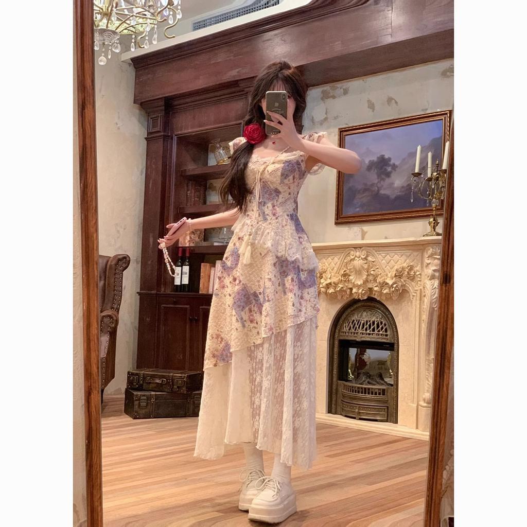 French Retro Floral Suspender Dress Women's Spring and Summer Temperament Vacation Waist and Thin Irregular Splicing Long Skirt