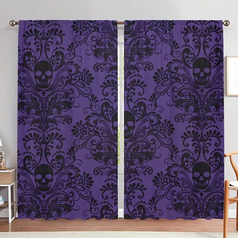 Purple-black Gothic Retro Skull and Flower Pattern Printed Curtains   Window Decorations   Home Decorations   Room Decorations