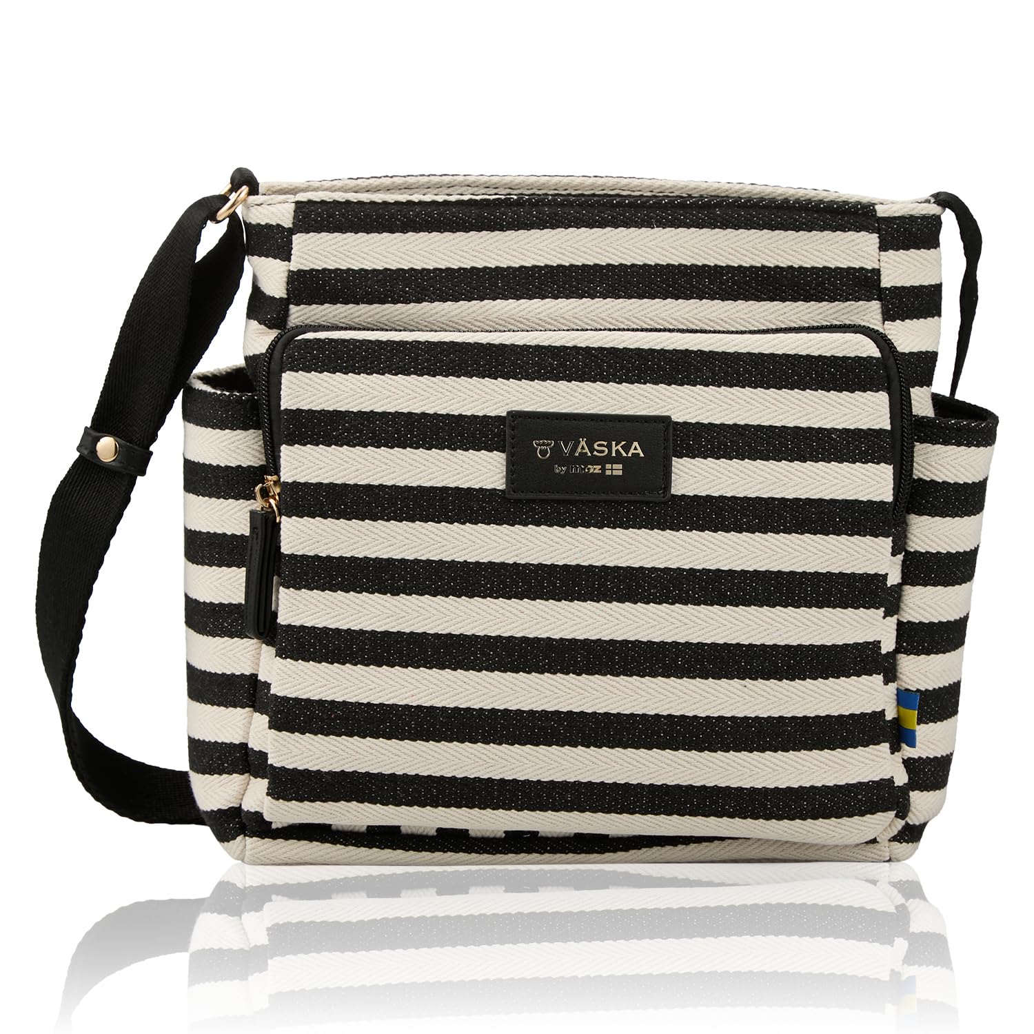

VASKA by moz Women s Vertical Shoulder Bag, Cotton, Striped, Elk, Deer, Veska, Nordic Style, VM6-227, Black
