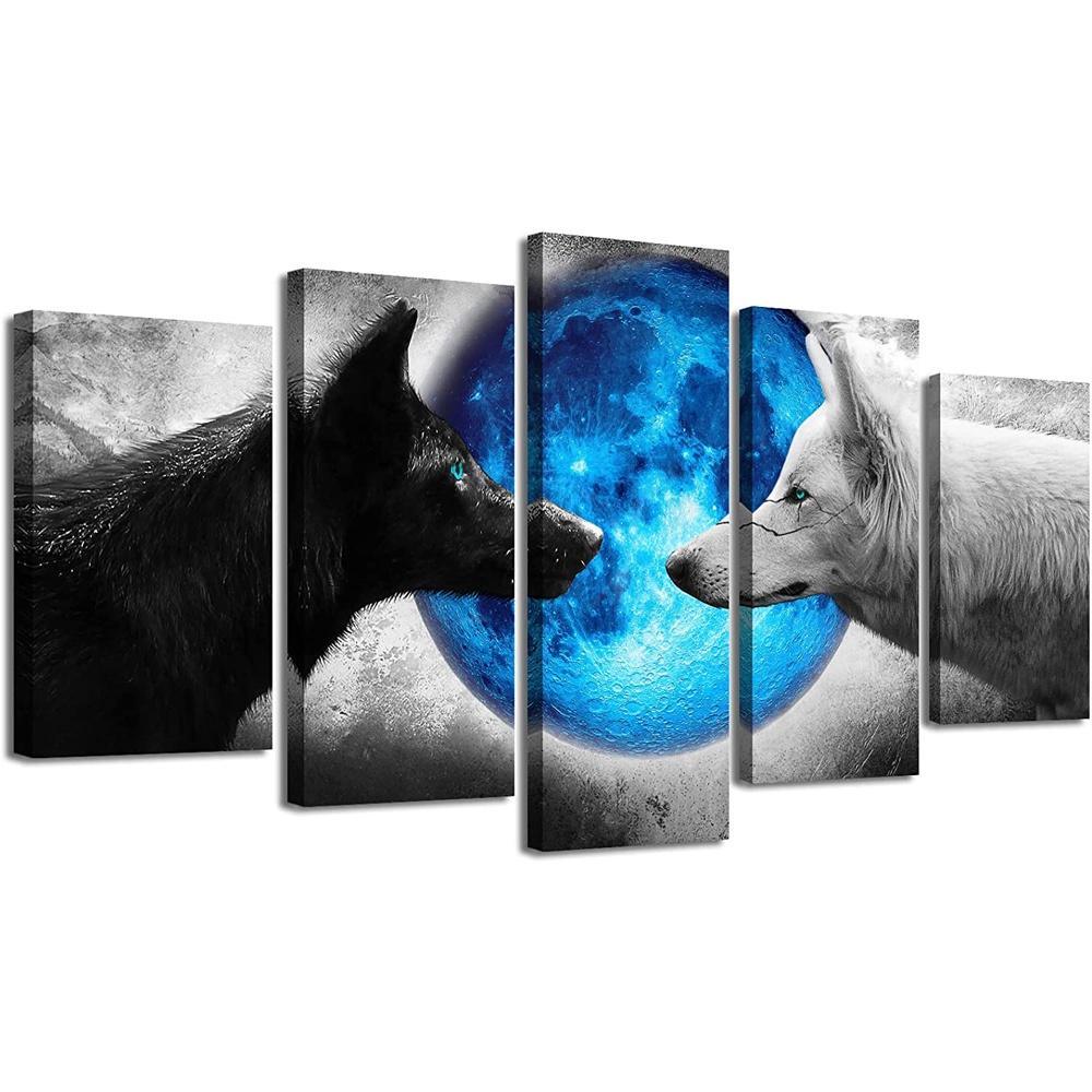 

5 Panels Wolf Posters Wall Art for Living Room Animal Pictures Canvas Painting Home Decor Sea Moon Posters and Prints NO FRAME 20x35 20x45 20x55cm