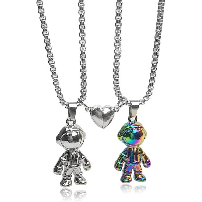 Caiyao 2Pcs Stainless Steel Mutual Attraction Couples Matching Spaceman Pendant Necklace Astronaut Promise Necklace for Women Men Friends Him Her