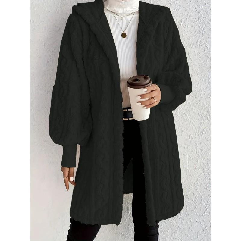 Womens Oversized Hooded Fleece Jacket Winter Warm Long Sleeve Solid Color Coat Casual Daily Wear