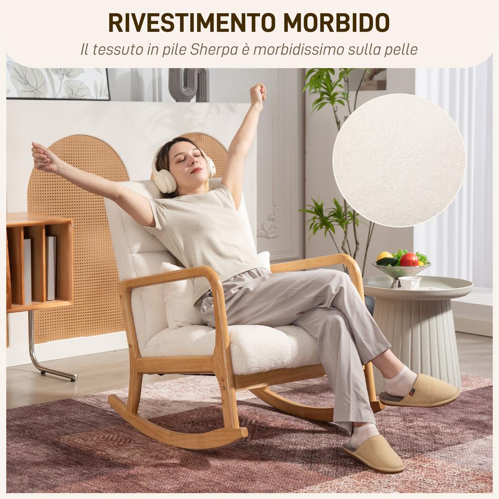 Rocking Armchair 90 degrees-130 degrees with Lumbar Cushion upholstered in Sherpa Fabric, 64.5x82x89 cm, White and Wood Colour