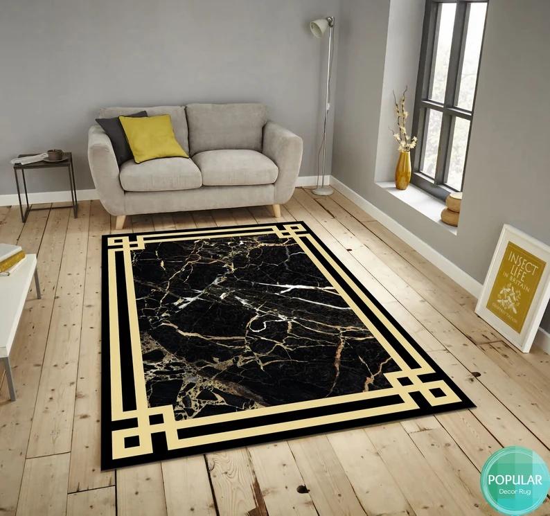 Marble Patterned Carpet with Border Pattern Living Room and Bedroom Fully Covered with Rug Minimalist Foot Mat Home Decoration
