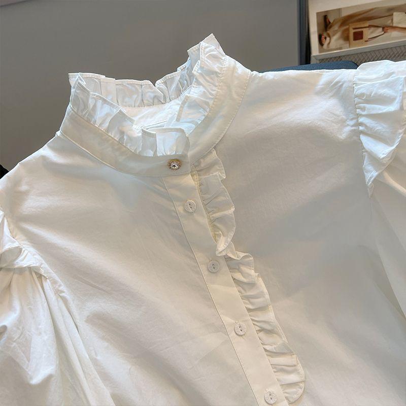 French Fungus Edge Shirt for Women Vintage Short Style Stand Up Collar White Shirt