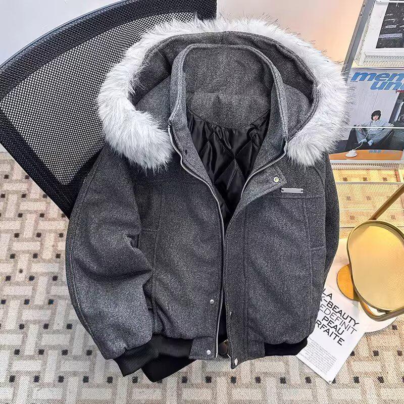Zuoshandiao Unisex Hooded Wool Jacket with Fur Collar - Warm, Thick Cotton Outerwear for Autumn/Winter L