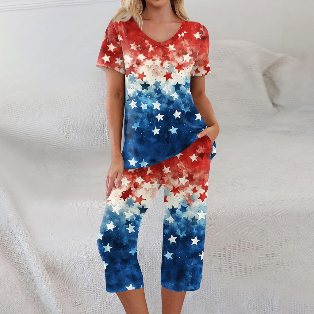 2 Piece Sets For Women Short Sleeve Top And Pants With Pockets Workout Soft  Print Sets