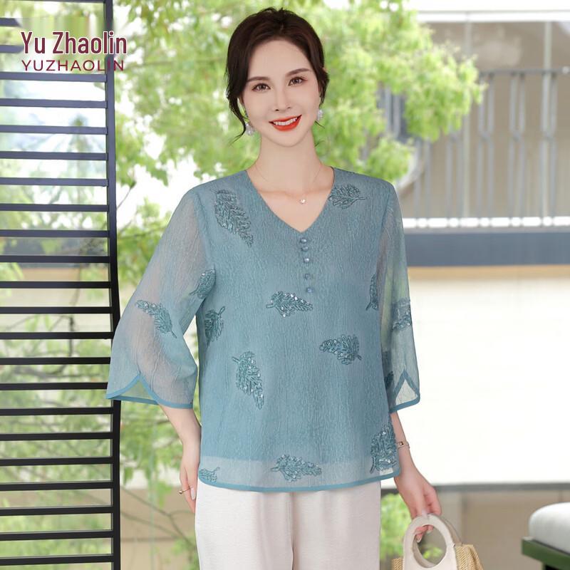 YUZHAOLIN New Chinese Style Floral Print Summer Outfit for Middle-aged Women