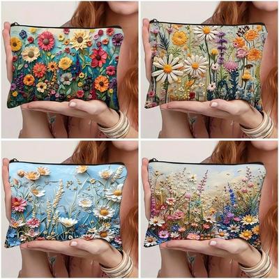 Blumiger Toilettenartikel-Organizer Leinwand Große Kapazität Blume Kosmetiktasche Reißverschlusstasche Zweiseitig Bedruckte Kosmetik-Aufbewahrungstasche