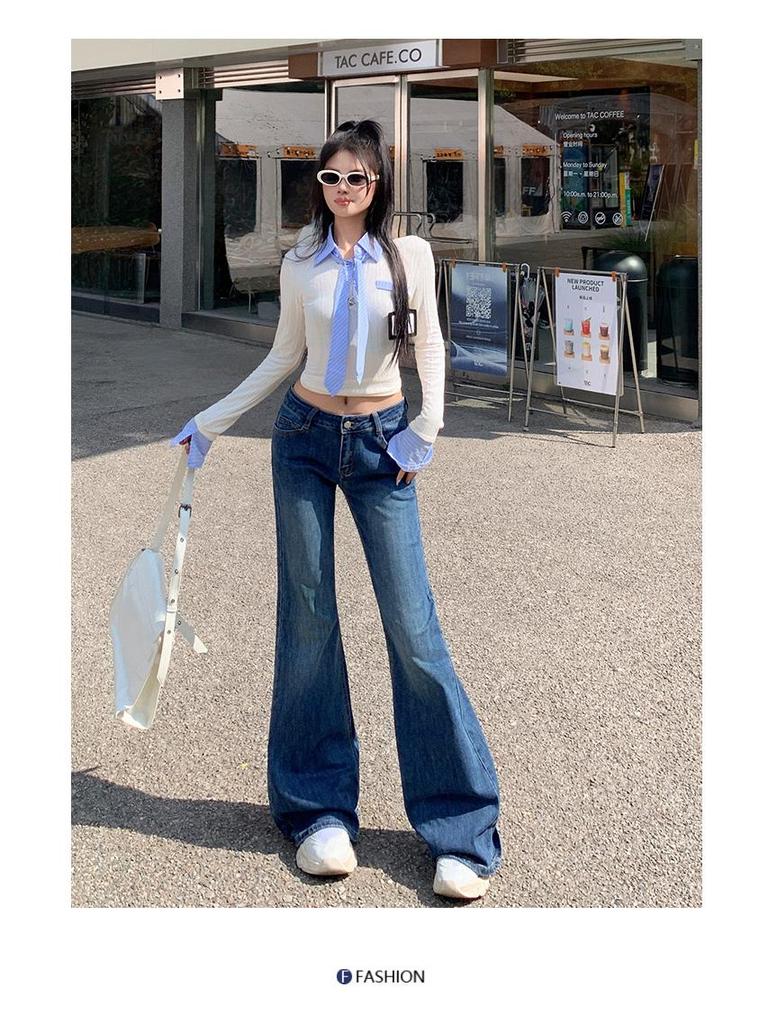 Women's Retro Blue and Gray Low-Waist Flared Jeans, Spring 2026 Collection - Stretch, Slimming, Lengthening Style