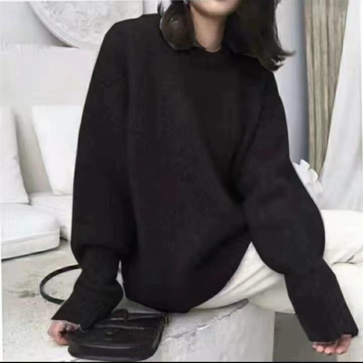 Women's European-Style Loose Wool Sweater, Round Neck, Thick Cashmere Knit, Heavy Solid Color, Three-Strand Base Layer.