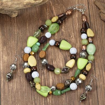 Fashion Wood Bead Mix and Match Necklace Bracelet Jewelry Double Layer Beaded Collar Necklace Bracelet Earrings Set