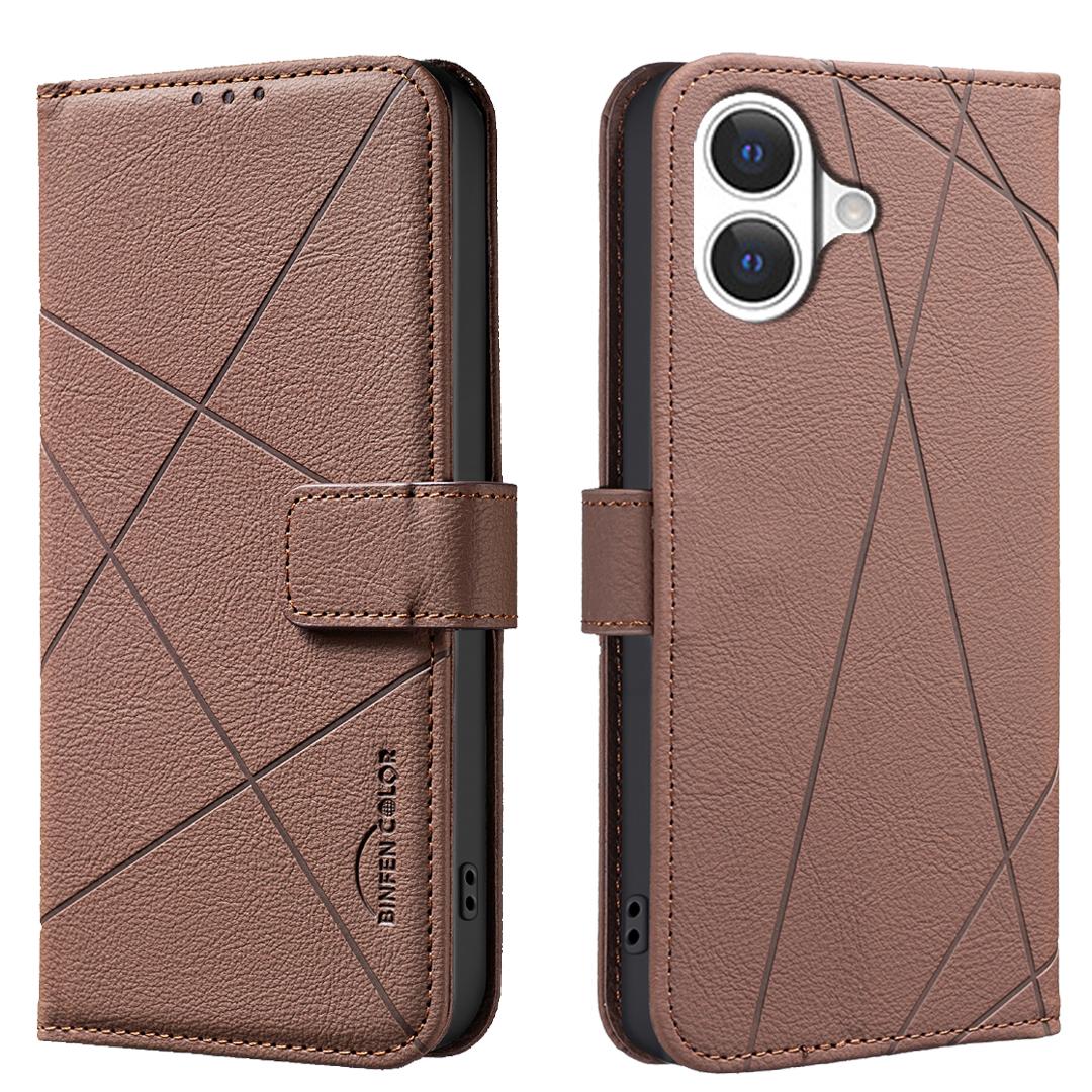 

For iPhone 17 Case BINFEN COLOR BF35 Geometry Imprinted Leather Phone Cover RFID Blocking Wallet Stand Brown