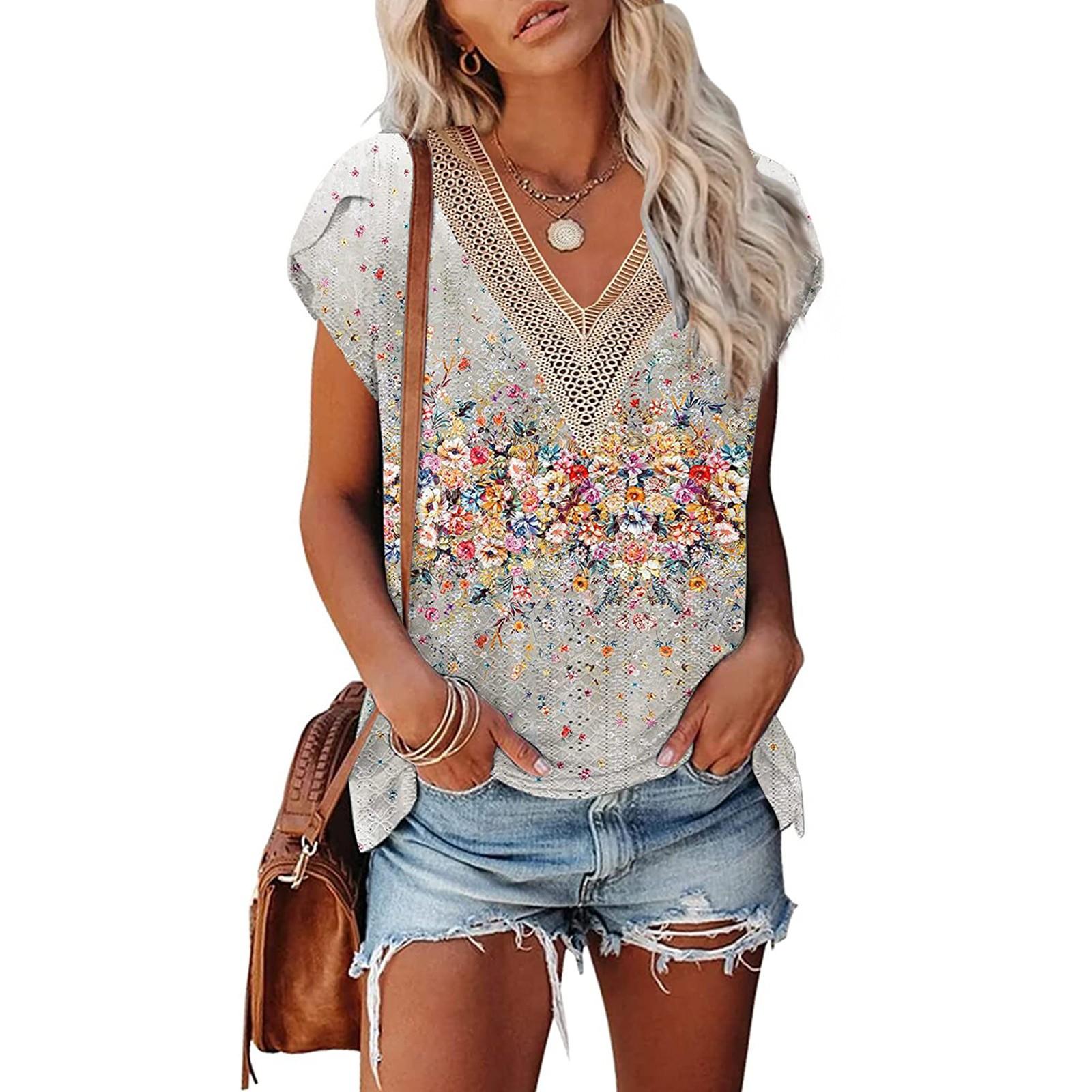 

Женская модная кружевная футболка с v-образным вырезом и принтом, свободная футболка с короткими рукавами и лепестками, топ L оранжевый