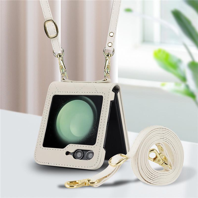 Kožené pouzdro na telefon Long Lanyard Crossbody pro Samsung Galzxy Z Flip 5 4 3 Flip5 Flip4 Flip3 Luxusní obal na lano na zápěstí Hoesje Coque