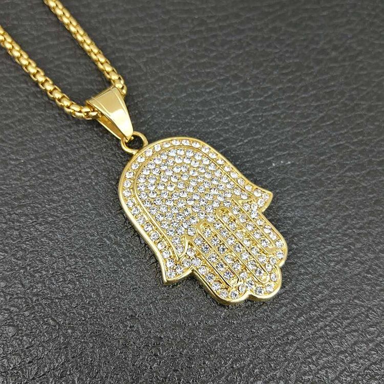 Collane Amuleto Palma di Fatima Hamsa Colore Oro Hip Hop Punk Acciaio Inossidabile 316L con Ciondolo Zircone per Uomo Donna Gioielli di Preghiera