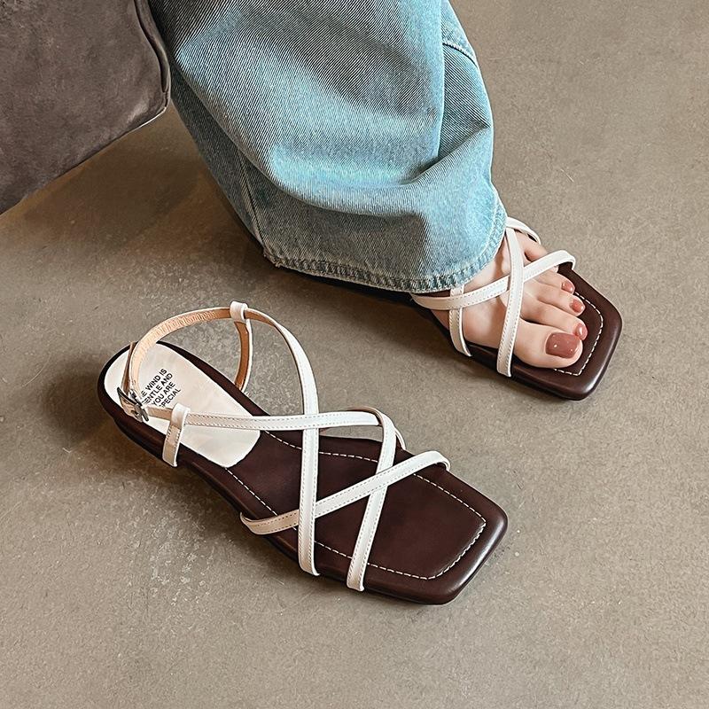 Cowhide version~ French shit-stepping cross strap square head open-toed sandals women's flat heel versatile new Roman shoes