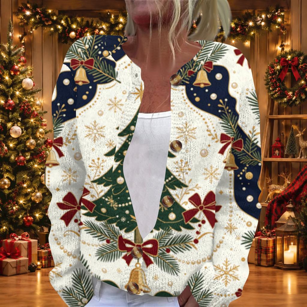 Women's Christmas Print Long Sleeve Knit Cardigan, Button Front Holiday Sweater