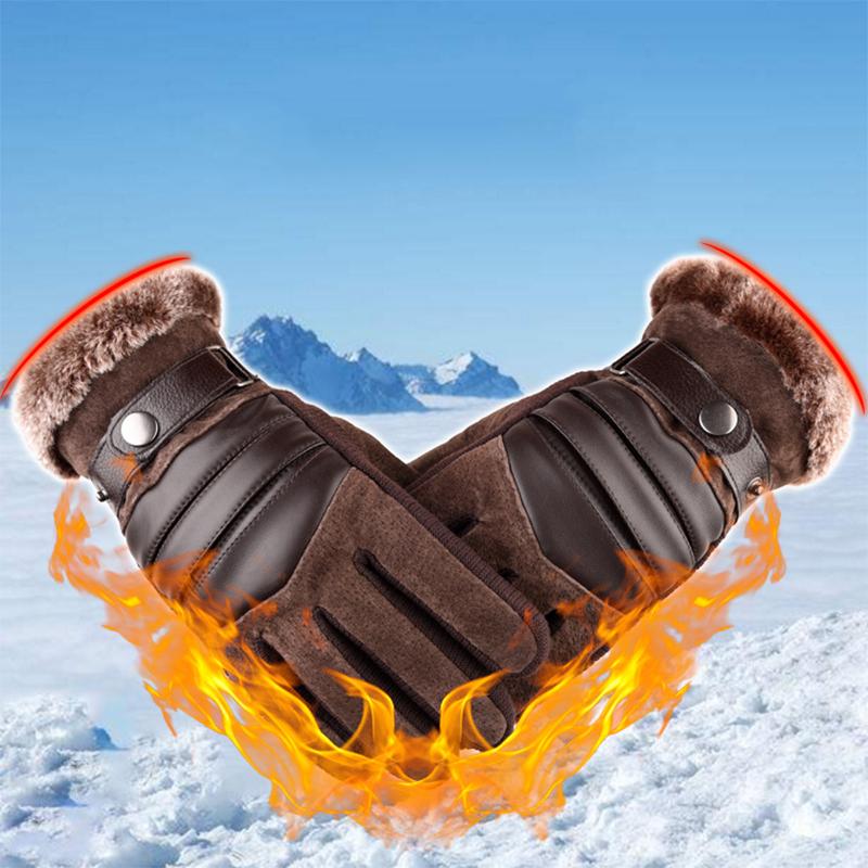 Brown Mens Leather Gloves Real Pigskin  Winter Gloves Warm Thick Driving Skiing Men's Gloves