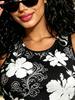 Vibrant Black Base with White Hibiscus Floral Print Bodycon Mini Dress, Form-Fitting Round Neck Summer Beach Dress