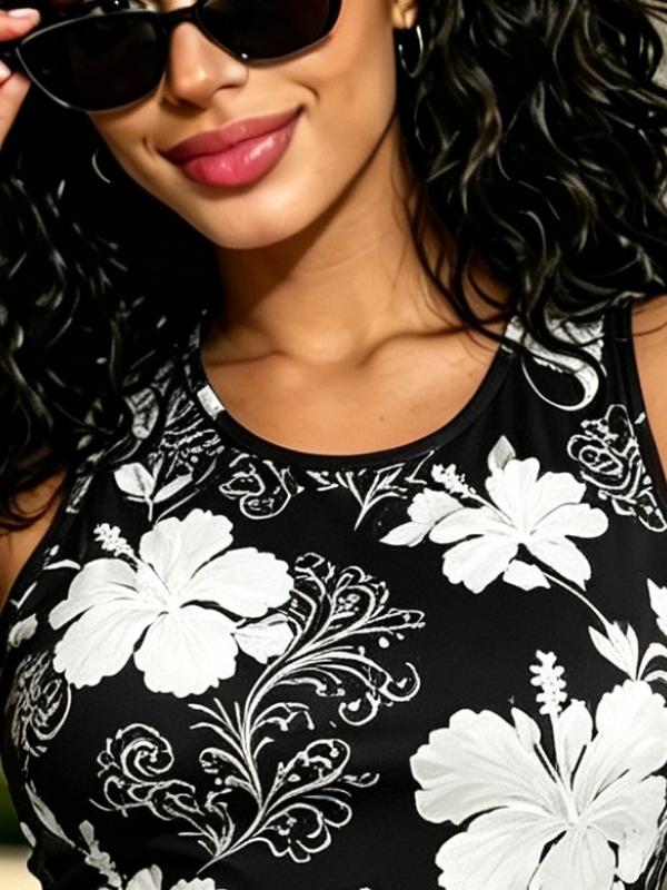 Vibrant Black Base with White Hibiscus Floral Print Bodycon Mini Dress, Form-Fitting Round Neck Summer Beach Dress