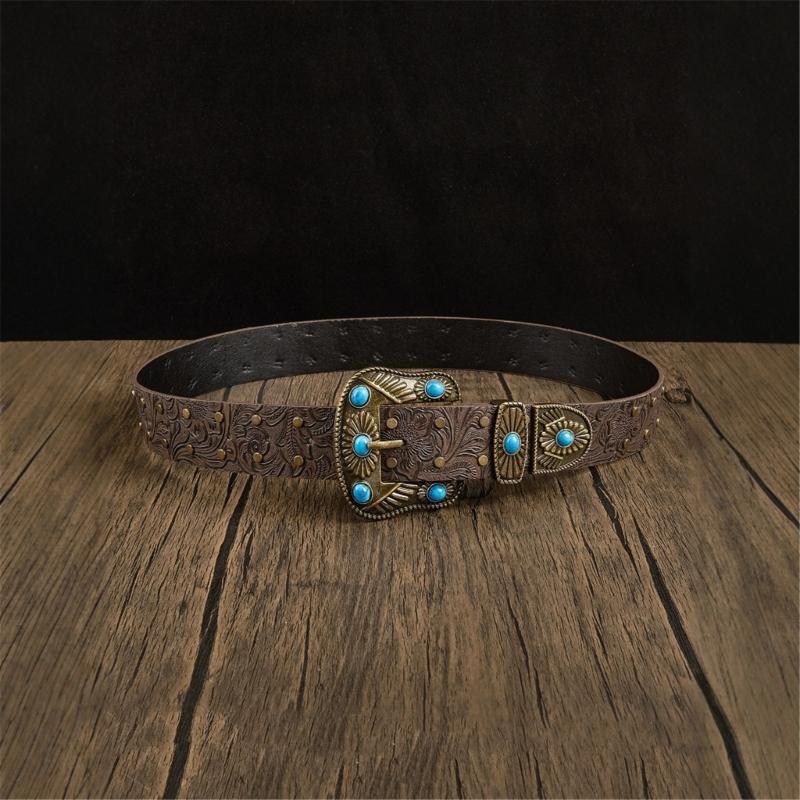 Western Engraved Leather Belt Adjustable Waistband Durable PU Material For Men Women